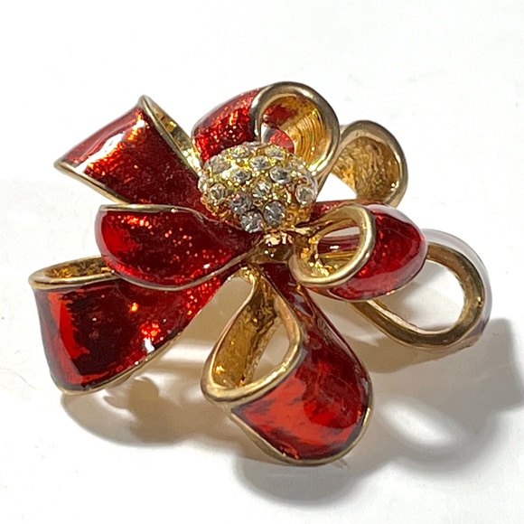 Vintage Kenneth Cole KC Gold Red Enamel Ribbon Bow Brooch - Picture 7 of 10